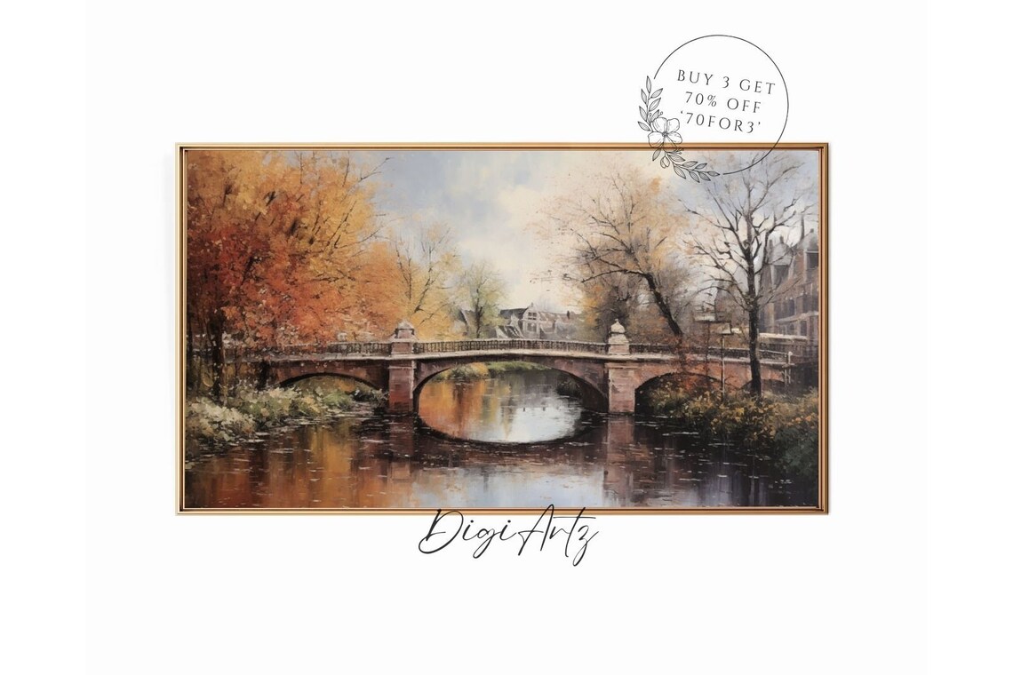 Autumn Stone Bridge Over River Orange Trees Vintage Landscape Poster