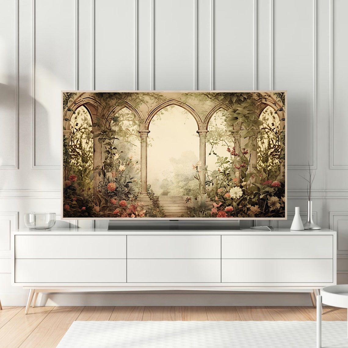 Gothic Stone Arches And Columns In A Lush Flowering Garden Poster - Image 3