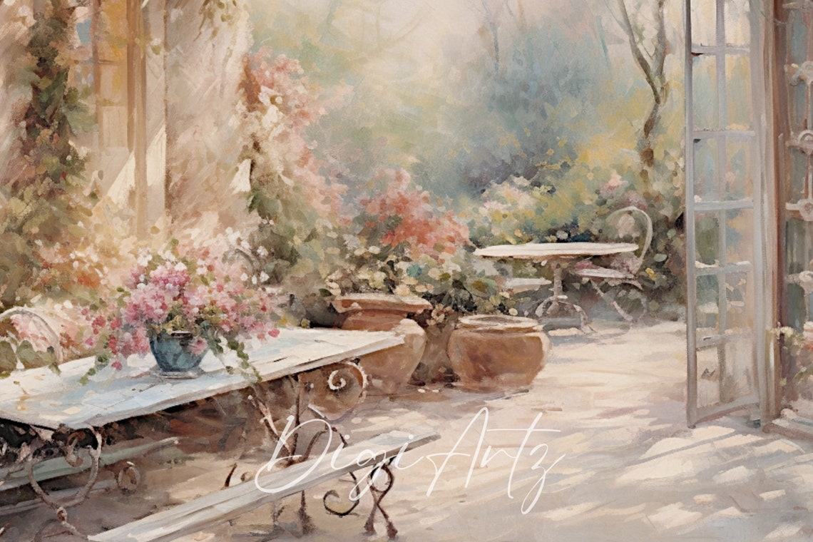 Sunlit Garden Terrace With Pink Blooms And French Doors Poster - Image 4