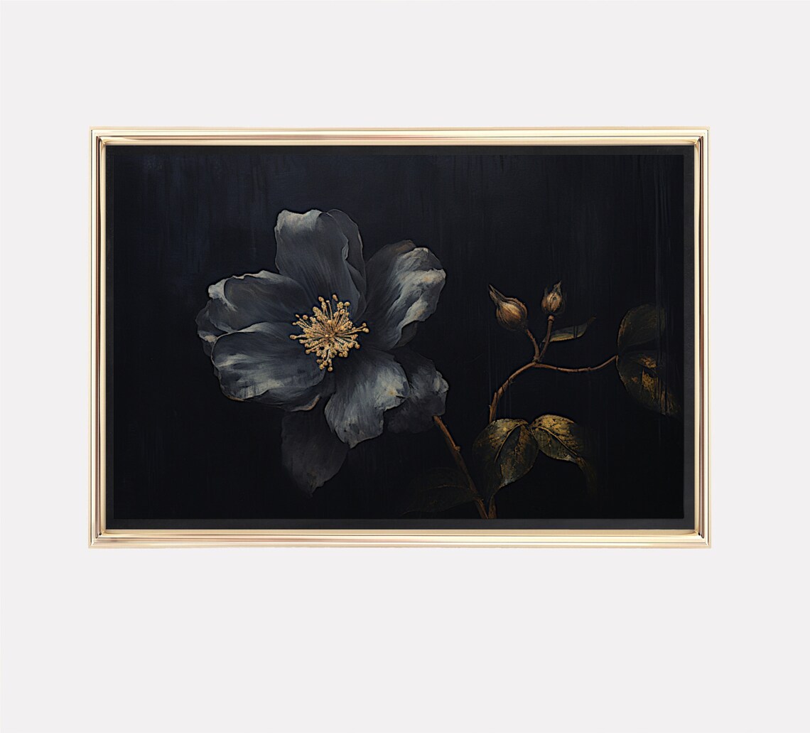 Dark Moody Flower Golden Stamens Black Botanical Painting Poster - Image 3
