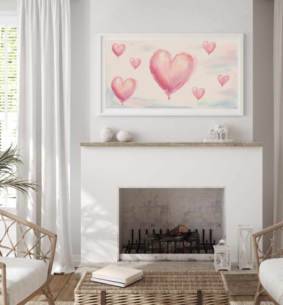 Pink Heart Balloons Floating Pastel Sky Valentine Painting Poster - Image 2