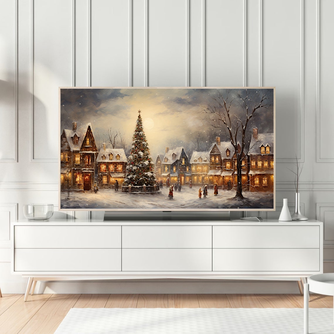 Moonlit Snowy Village Square With Towering Christmas Tree Poster - Image 4