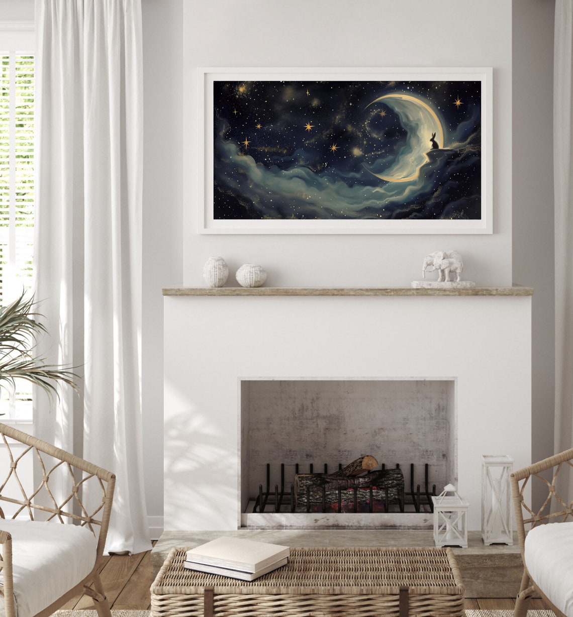 Crescent Moon Bunny Silhouette Starry Night Sky Nursery Poster - Image 4