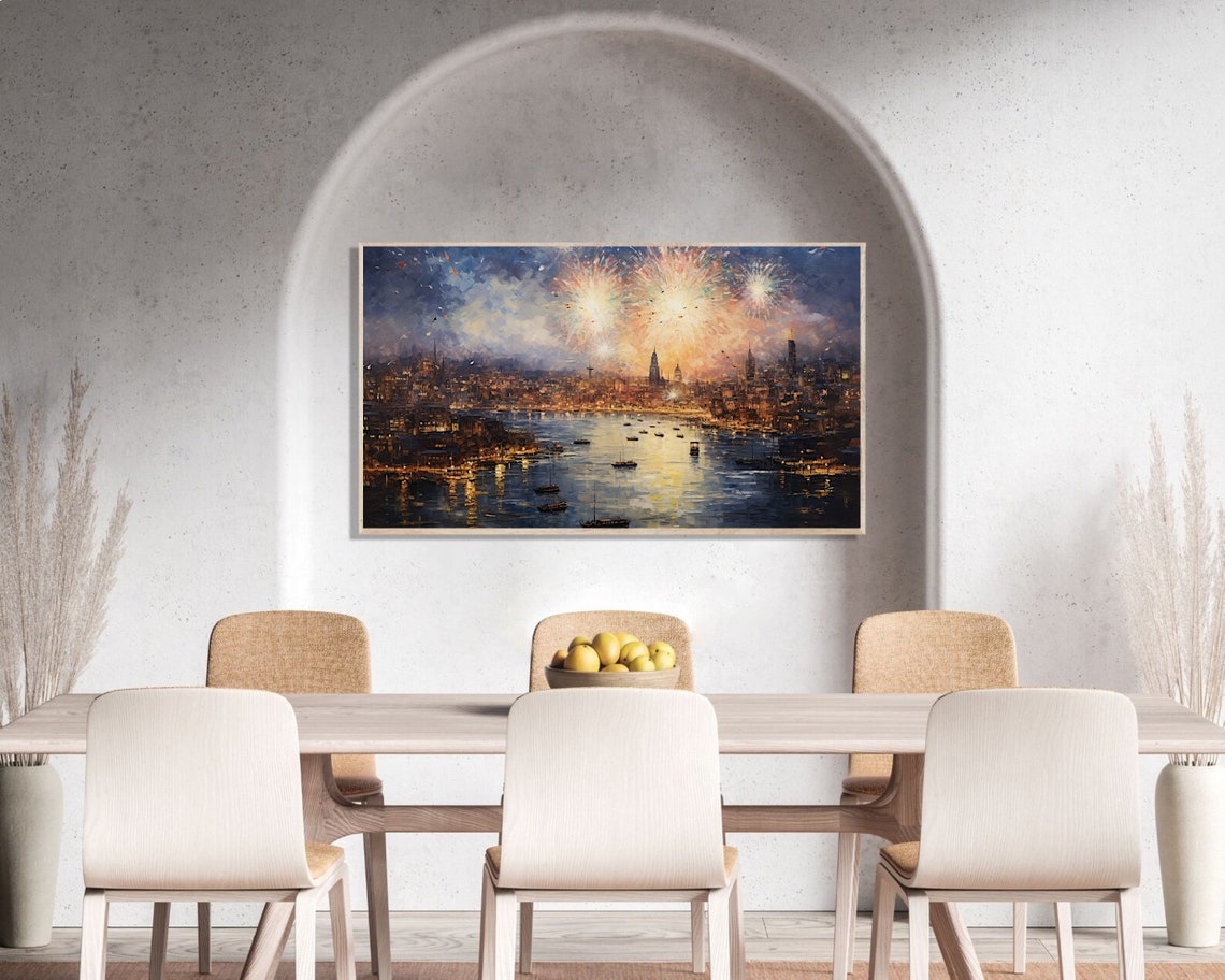 City Fireworks Celebration Night Sky Harbor Lights Painting Poster - Image 3