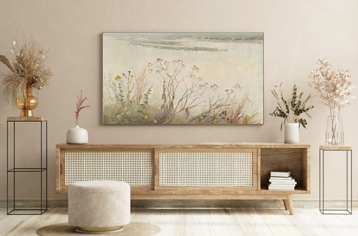 Wildflowers on Misty Lakeshore Neutral Vintage Landscape Poster - Image 3