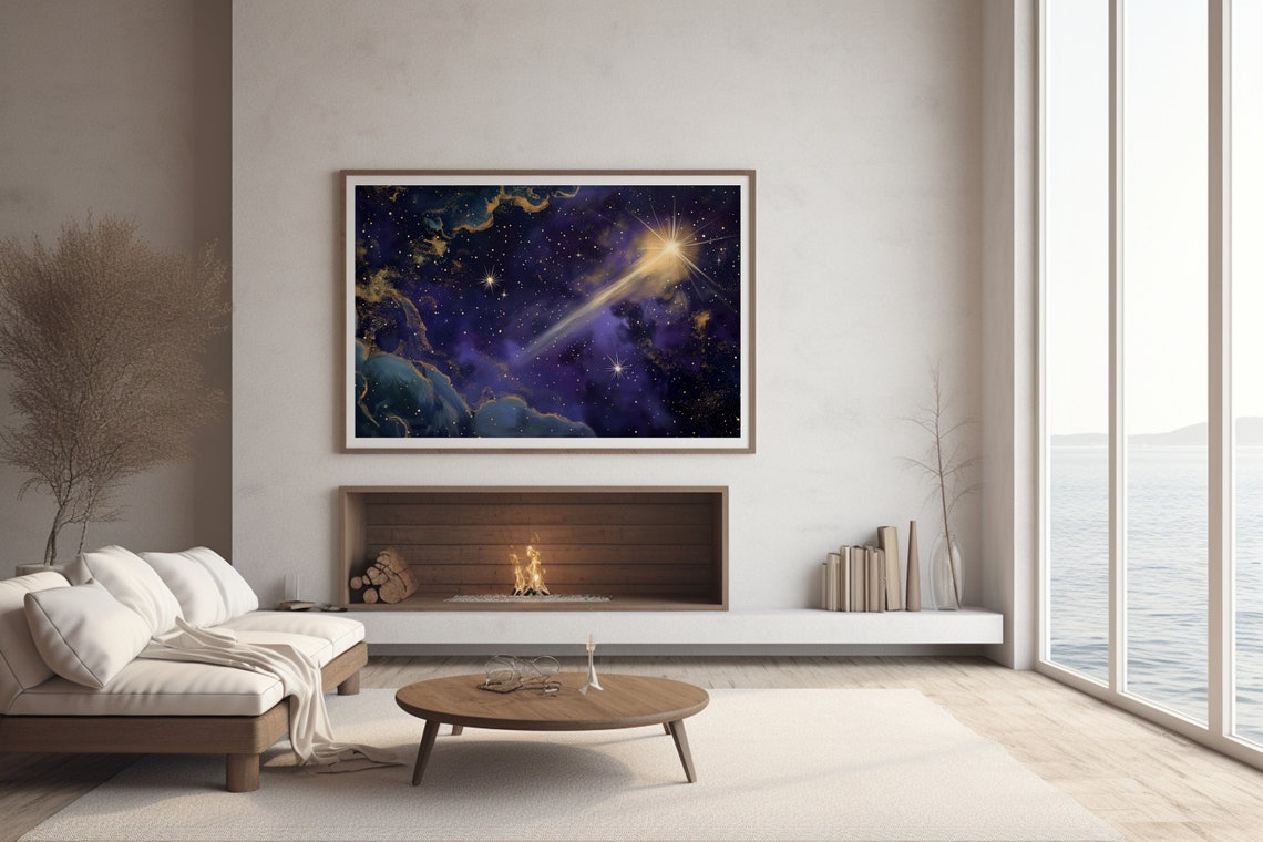 Shooting Star Purple Gold Nebula Night Sky Celestial Painting Poster - Image 2