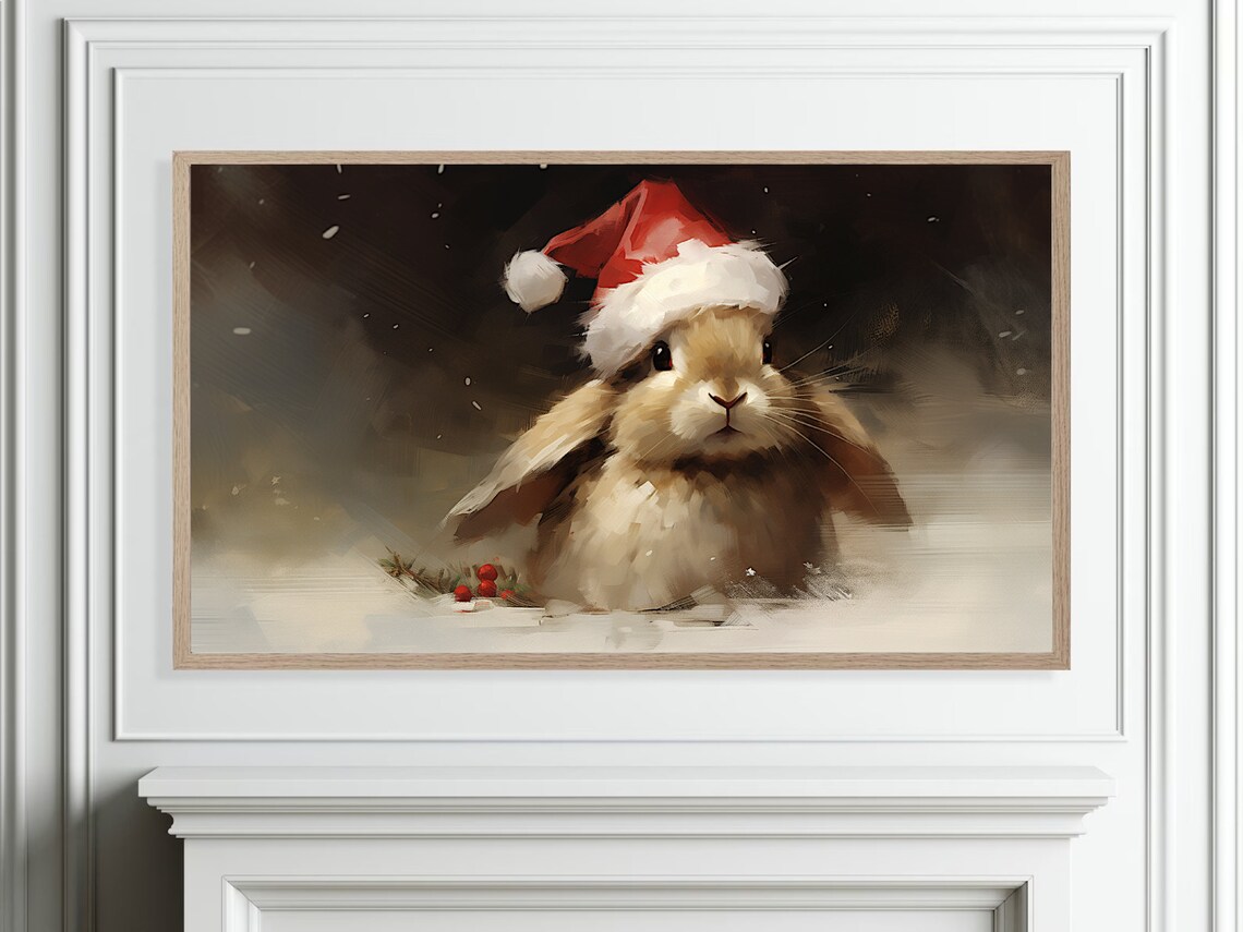 Sweet Baby Bunny Wearing A Red Santa Hat In Falling Snow Poster - Image 2