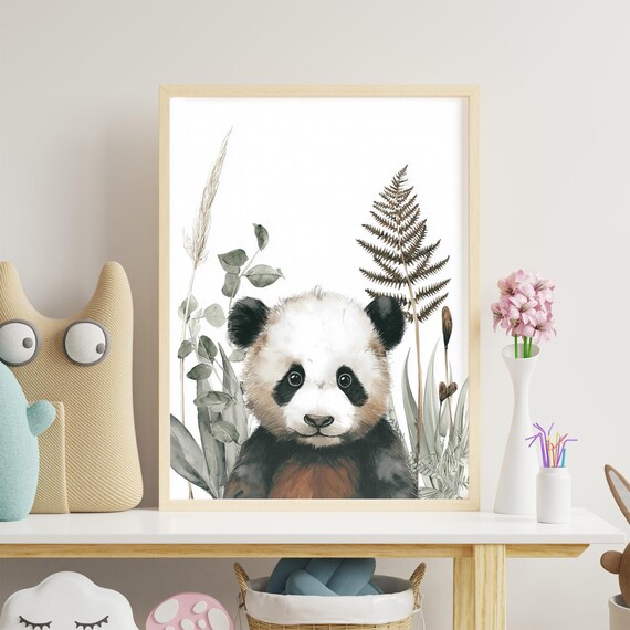 Baby Panda Watercolor with Eucalyptus and Ferns Cute Nursery Wall Art