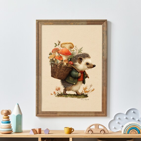 Hedgehog Carrying Basket of Mushrooms Autumn Woodland Nursery Wall Art