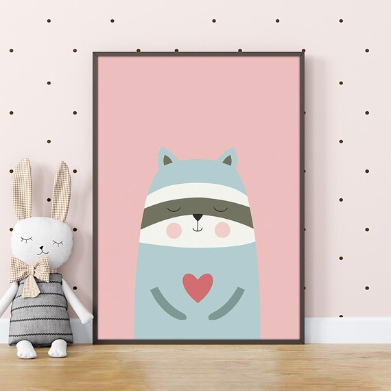 Cute Cartoon Raccoon Holding Red Heart Pink Kids Nursery Wall Art