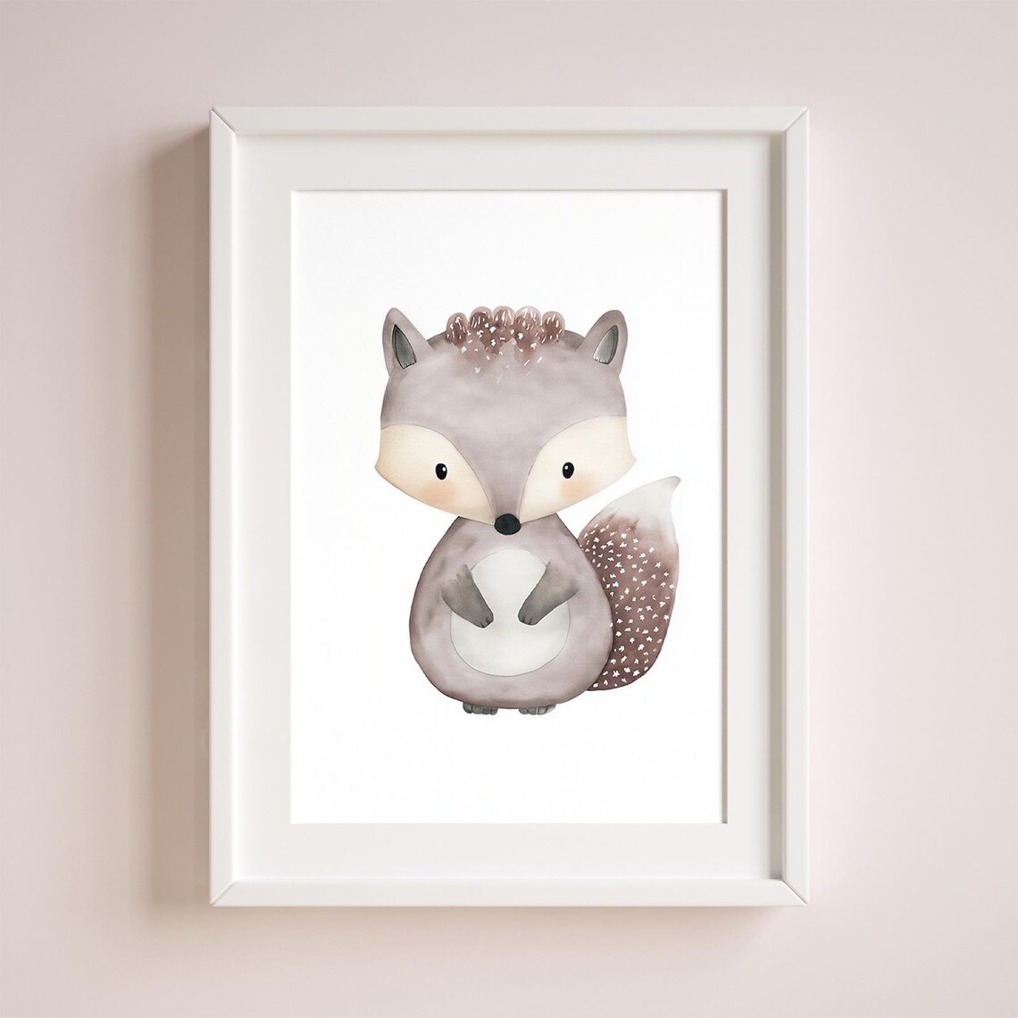 Baby Fox Watercolor Soft Grey Nursery Cute Animal Kids Room Print