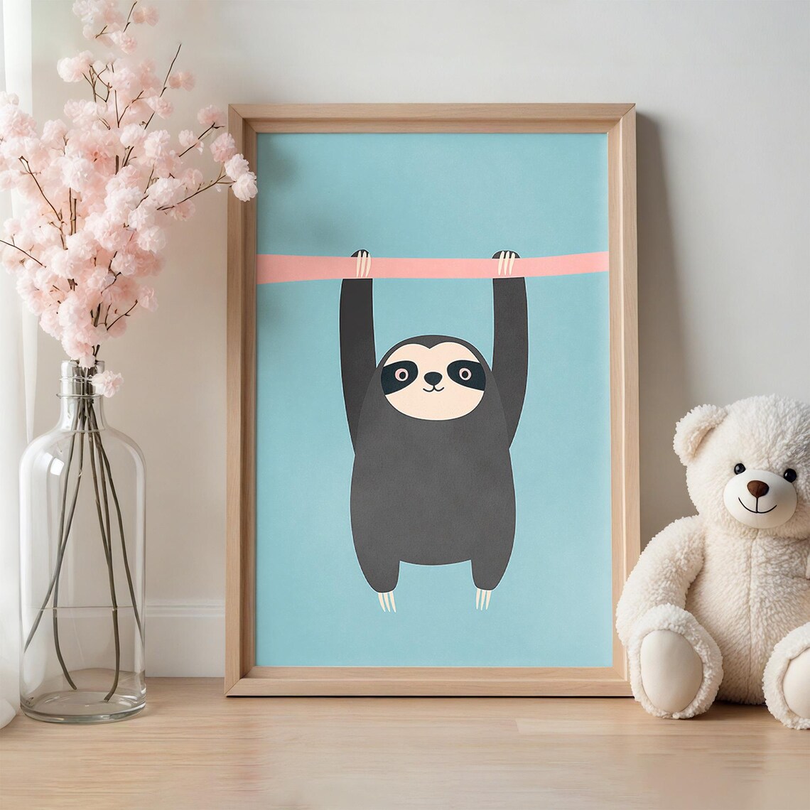 Cute Sloth Hanging From Pink Ribbon Nursery Print For Baby Room