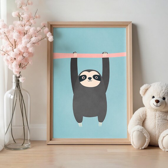 Cute Sloth Hanging From Pink Ribbon Nursery Print For Baby Room