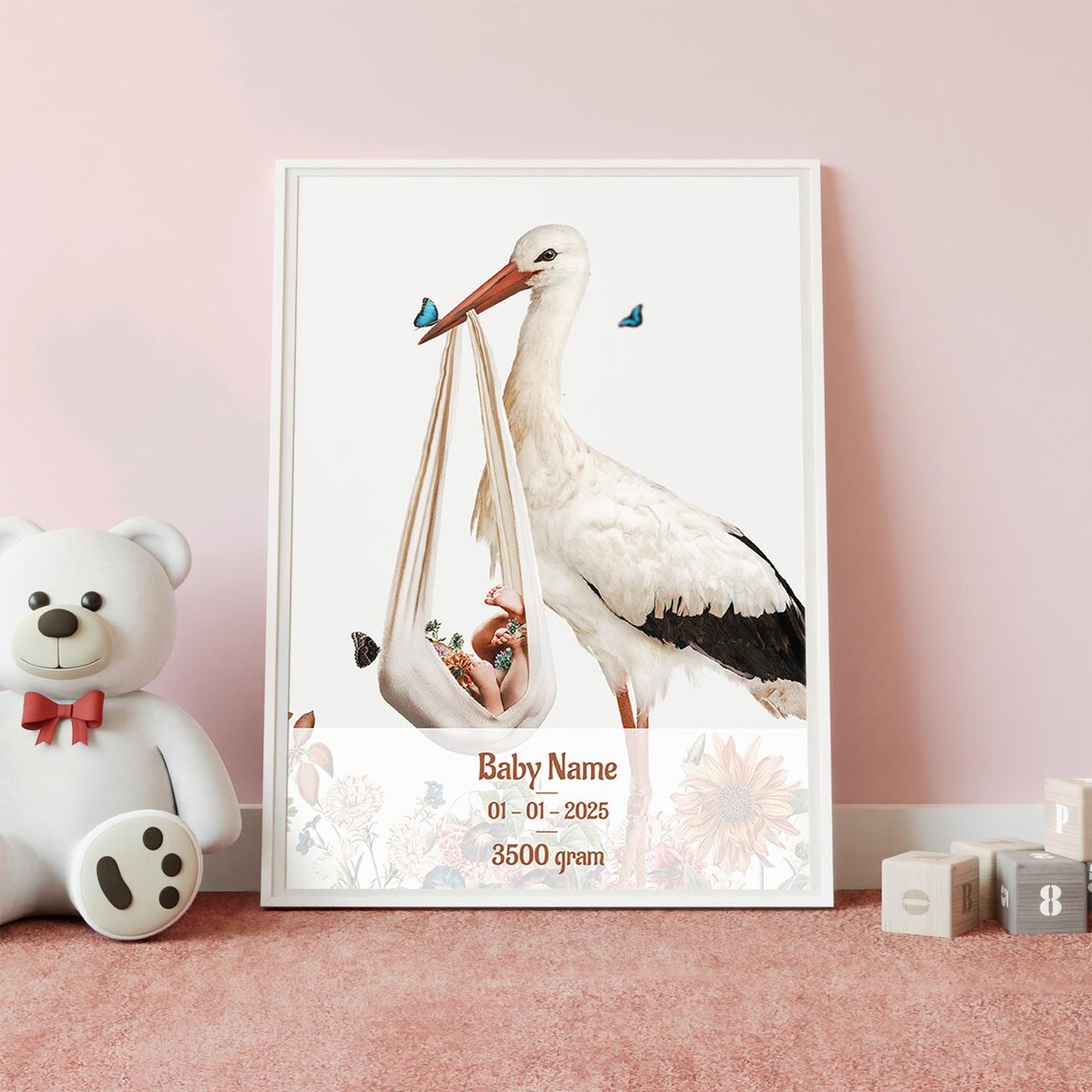 Personalized Stork Baby Name Birth Stats Poster Nursery Shower Gift