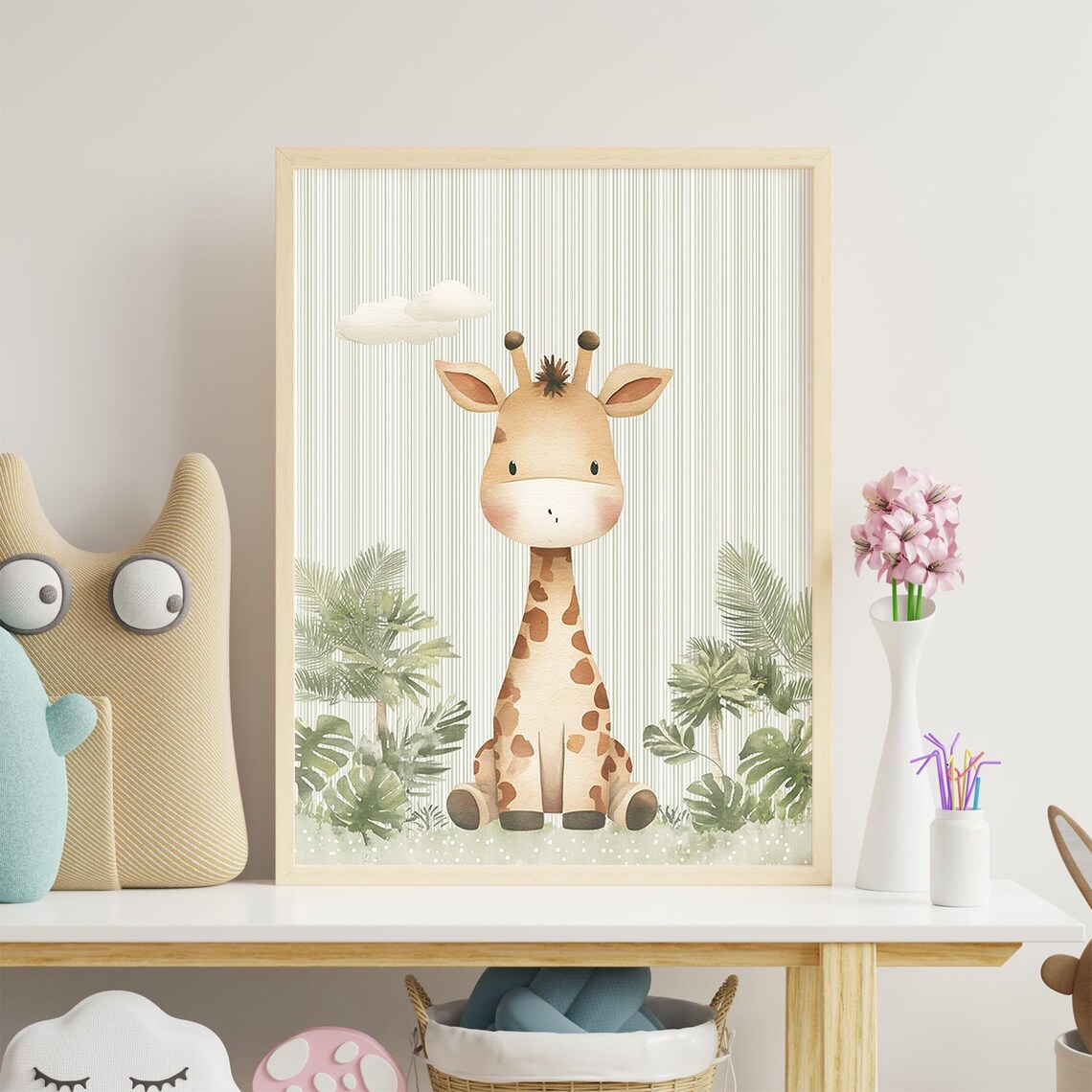 Baby Giraffe Watercolor Jungle Safari Nursery Wall Art for Baby Room