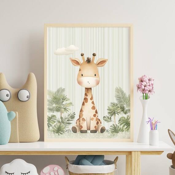 Baby Giraffe Watercolor Jungle Safari Nursery Wall Art for Baby Room