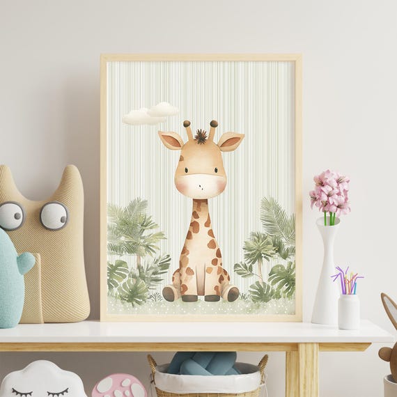 Giraffe Nursery Art Print Playful Jungle Scene