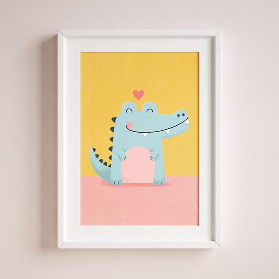 Cute Blue Alligator Nursery Art Poster With Heart Yellow Background