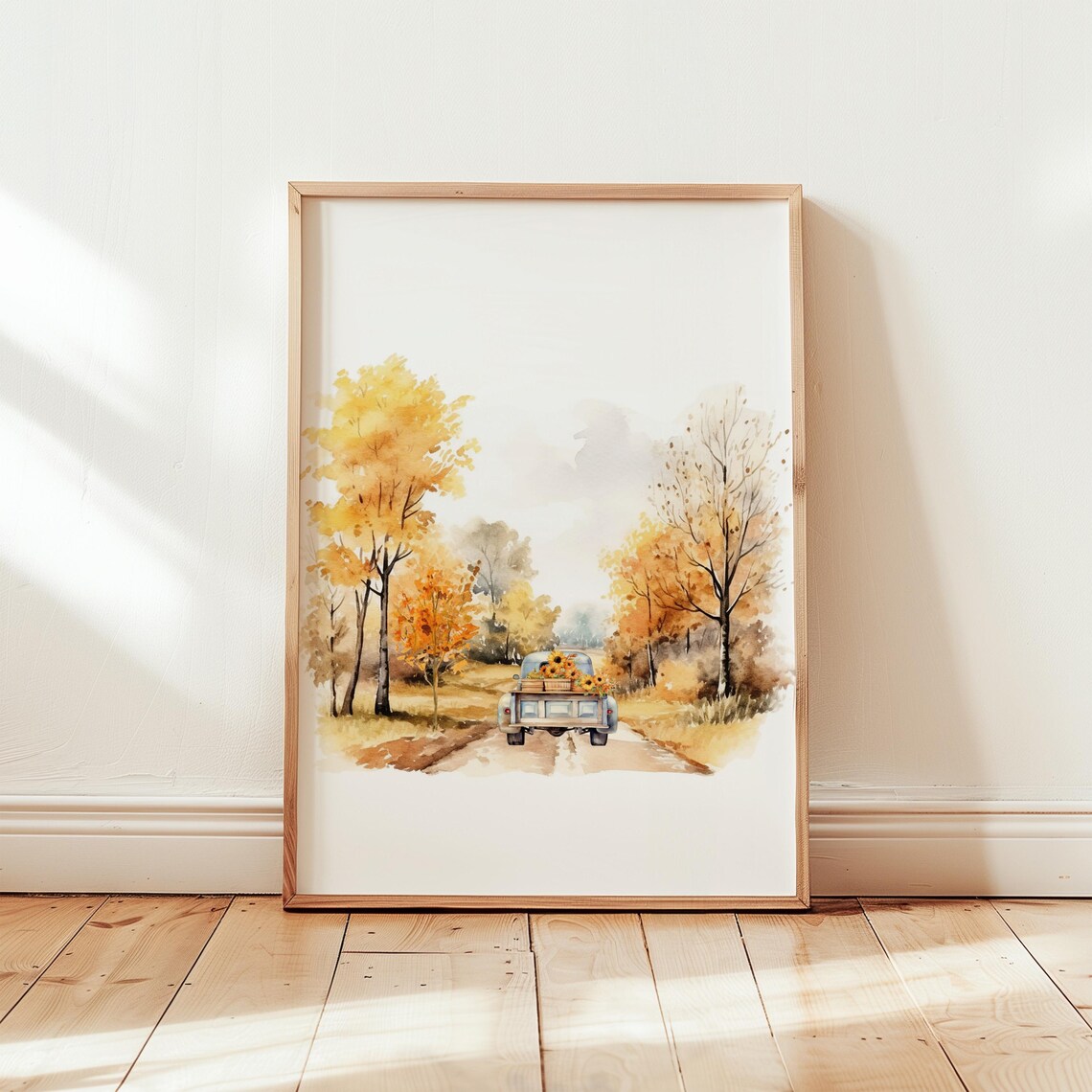 Vintage Blue Truck Sunflowers Autumn Trees Rustic Road Art Poster