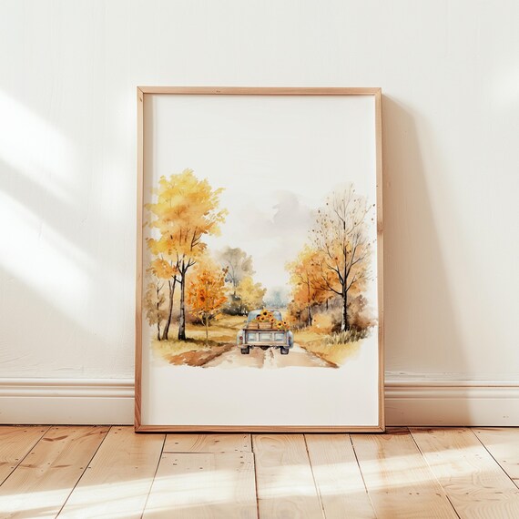 Vintage Blue Truck Sunflowers Autumn Trees Rustic Road Art Poster