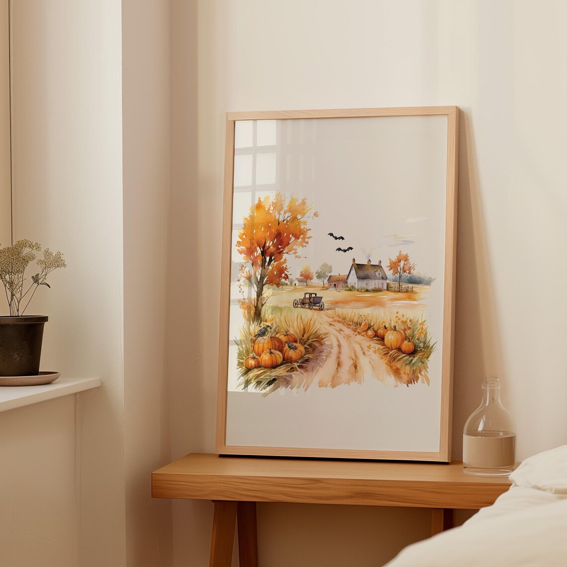 Harvest Farmhouse Pumpkins Bats Crows Autumn Landscape Art Poster - Image 3