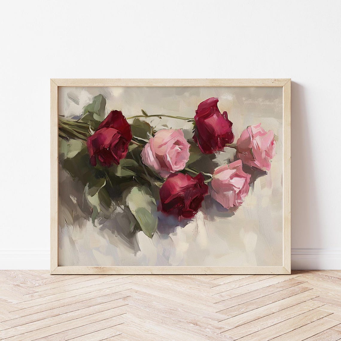 Red Pink Roses Oil Painting Romantic Floral Bouquet Art Poster - Image 3
