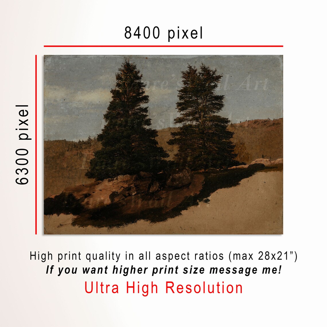 Vintage Twin Pine Trees Rocky Woodland Landscape Oil Painting Poster - Image 3