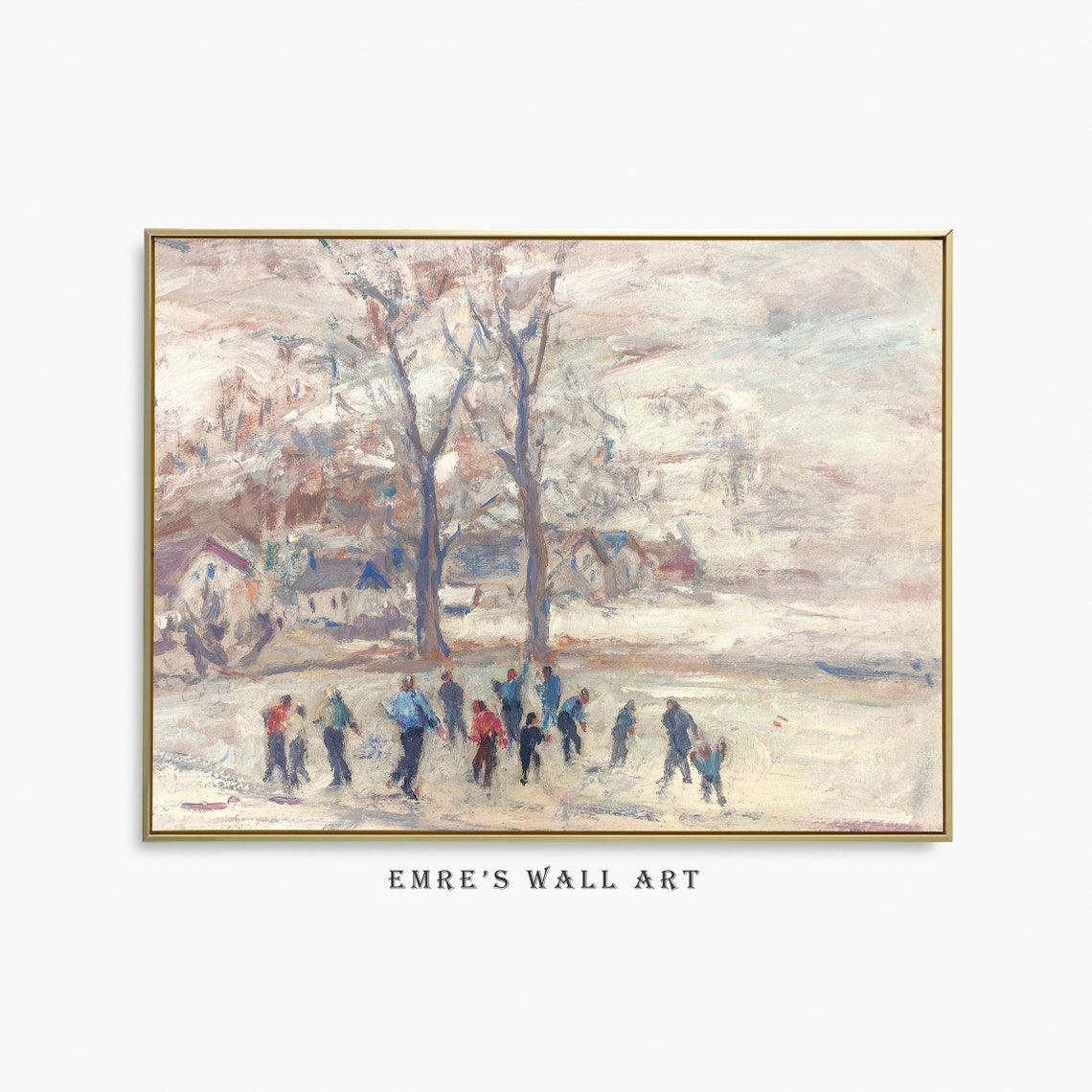 Snowy Village Gathering Winter Ice Skating Vintage Painting Poster