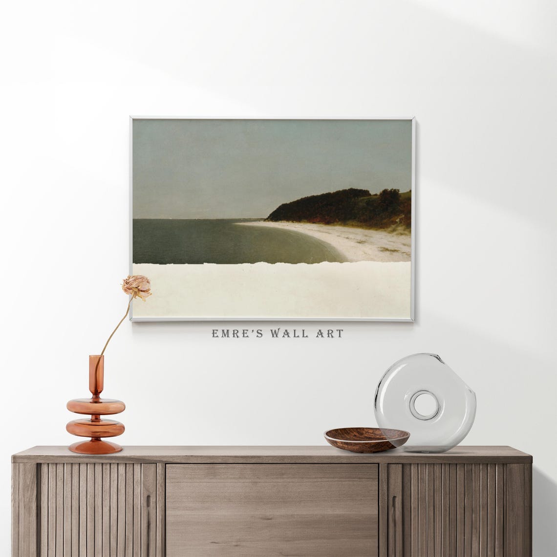 Serene Beach Seascape Painting with Torn Paper Collage Edge Poster - Image 2