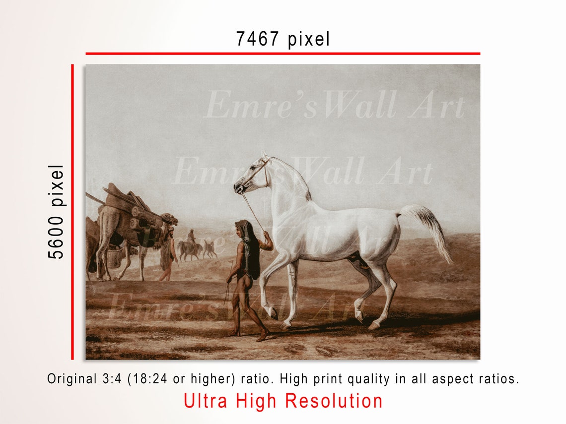 Vintage White Horse Oil Painting Vintage Desert Landscape Painting Antique Horse Wall Art Print Vintage Wall Art - Image 3