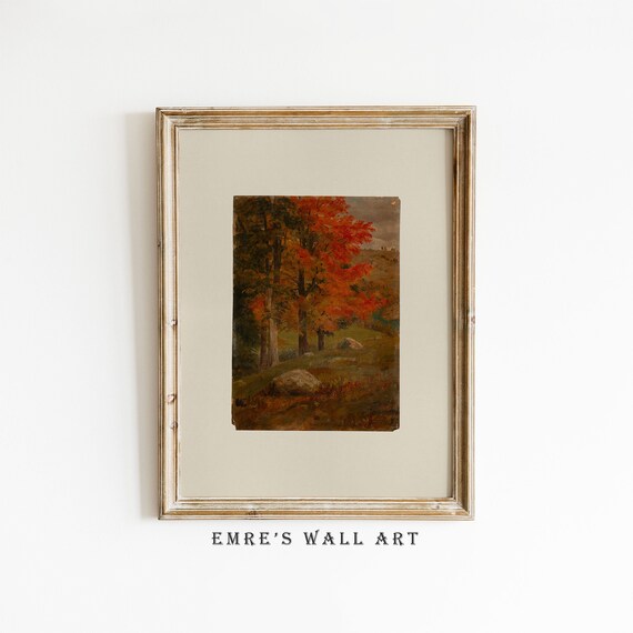 Matted Autumn Tree Painting Vintage Fall Foliage Slope Landscape Poster
