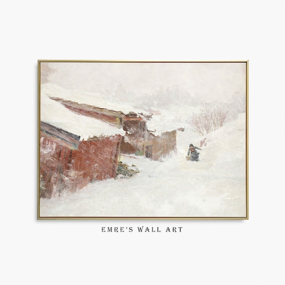 Red Barn In Heavy Snow Winter Farmhouse Vintage Painting Poster