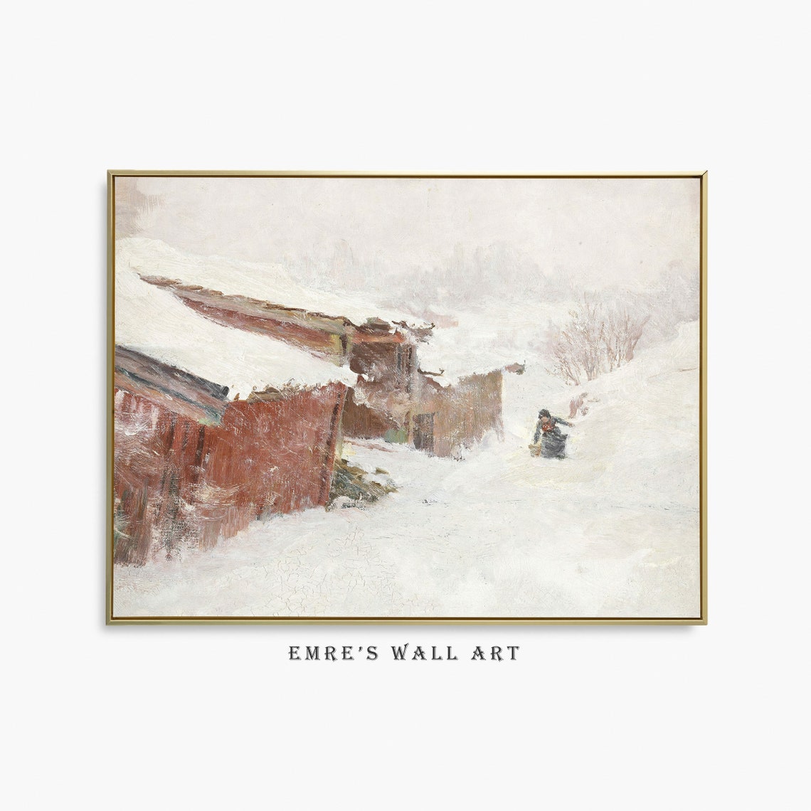 Red Barn In Heavy Snow Winter Farmhouse Vintage Painting Poster
