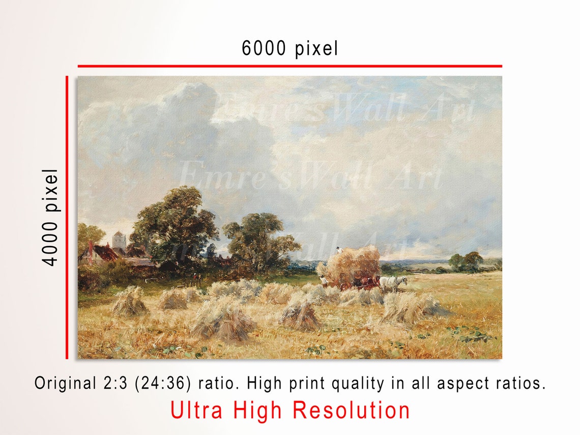 Vintage Hay Field Painting Harvest Oil Painting Landscape Farmhouse Wall Art Print Hay Field Landscape Print Vintage Country Farmhouse - Image 3