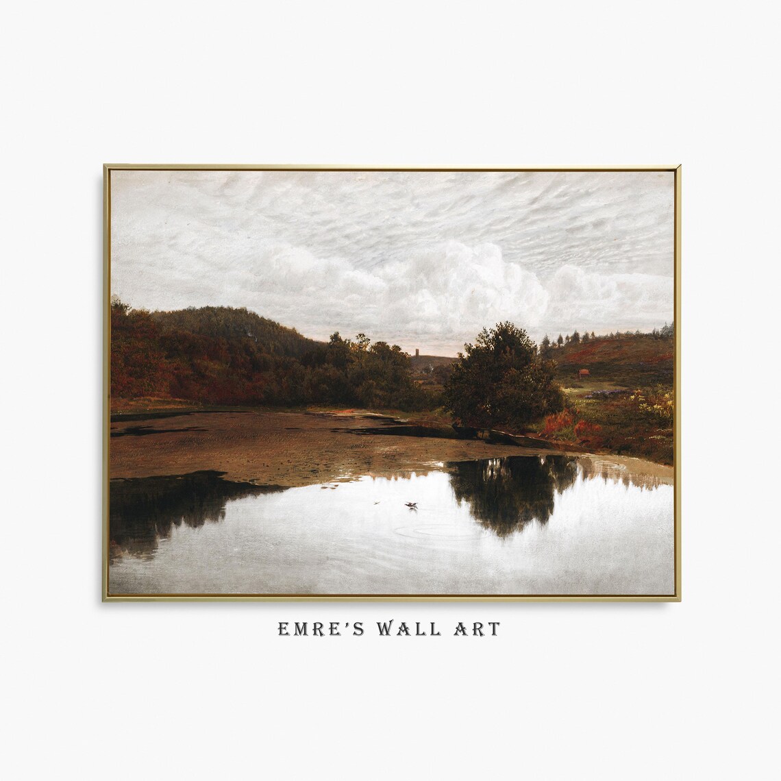 Mirror Still Autumn Lake Vintage Fall Landscape Reflection Painting Print