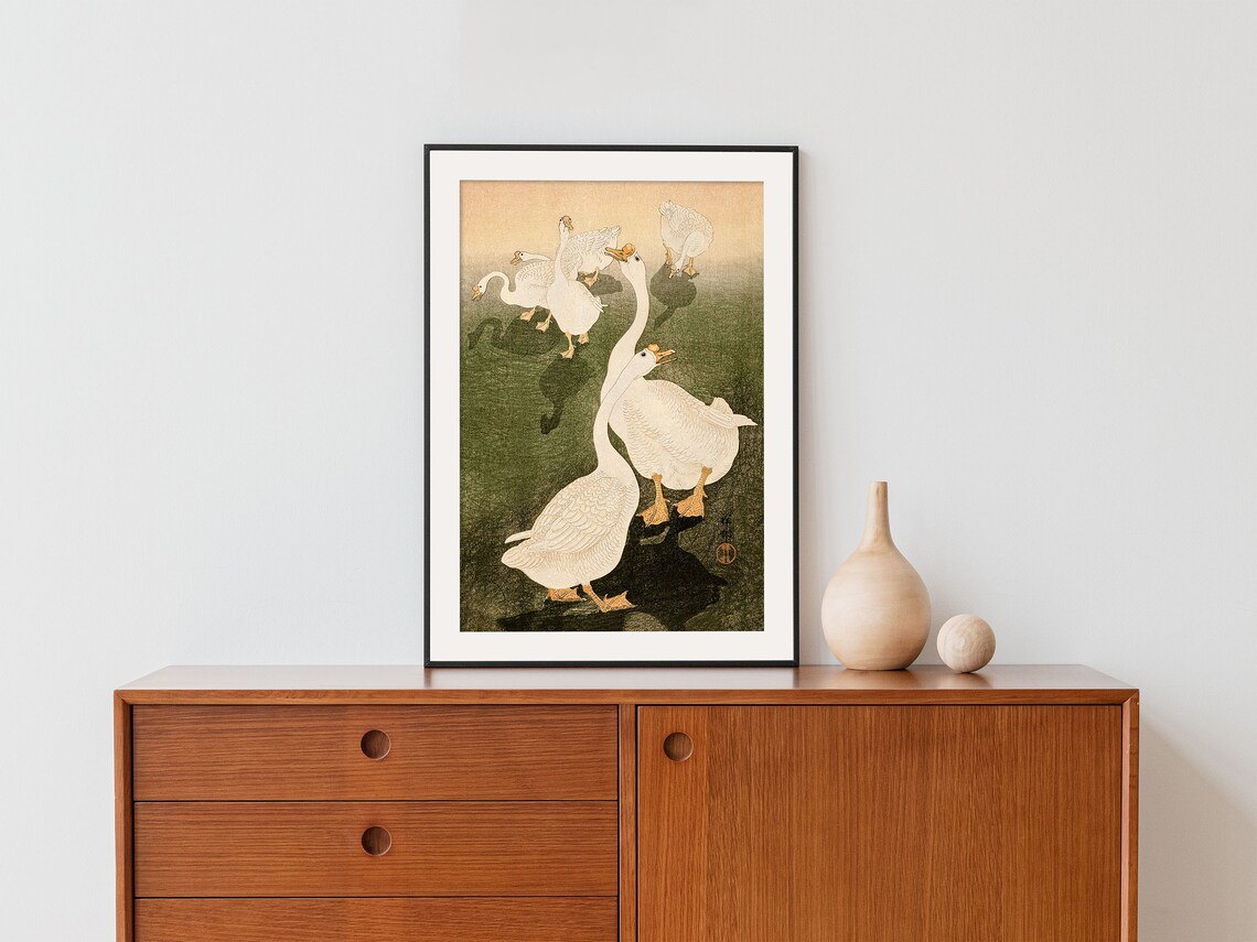 White Geese Japanese Woodblock Art Style Vintage Waterfowl Poster - Image 2