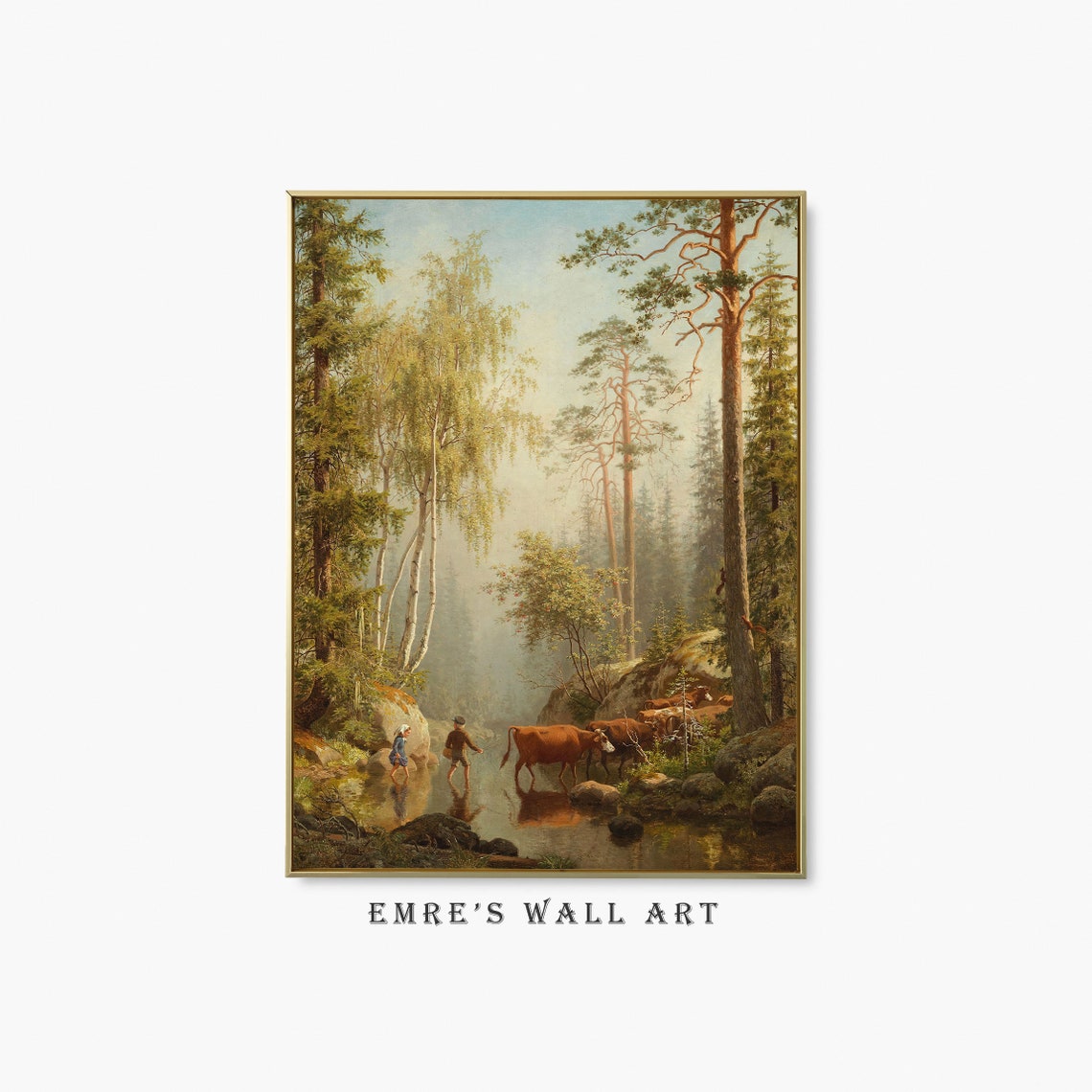 Tall Pines Forest Stream with Cows Vintage Rustic Nature Poster