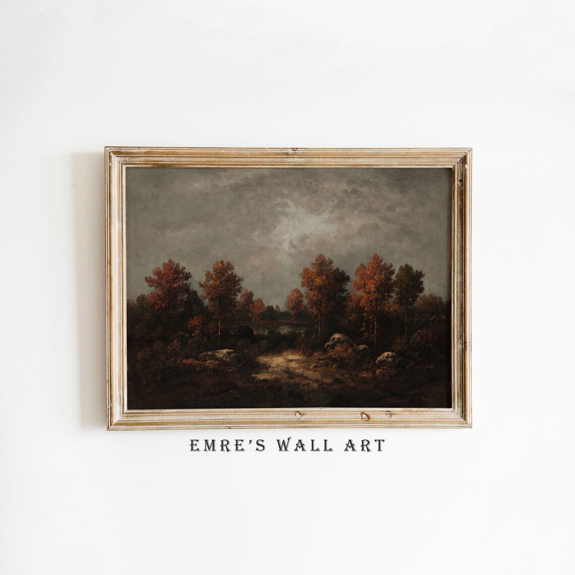 Moody Autumn Forest Pond Vintage Fall Landscape Dark Rustic Painting Print - Image 2