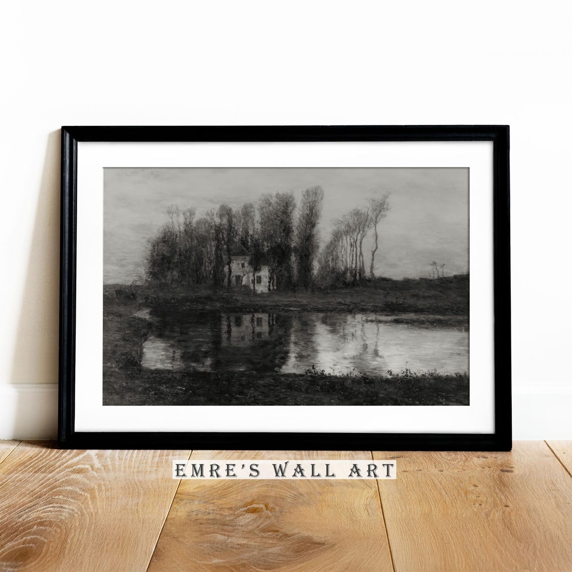 Old House by the River with Reflection Moody Black White Poster