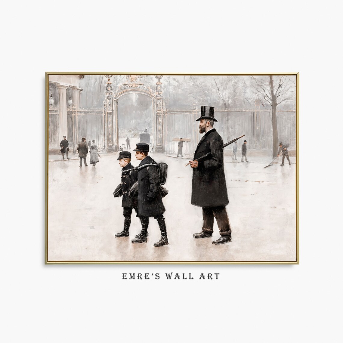 Father And Sons Oil Painting Vintage Winter Wall Art Gentleman Art Moody Neutral Decor Vintage People Painting Winter Prints