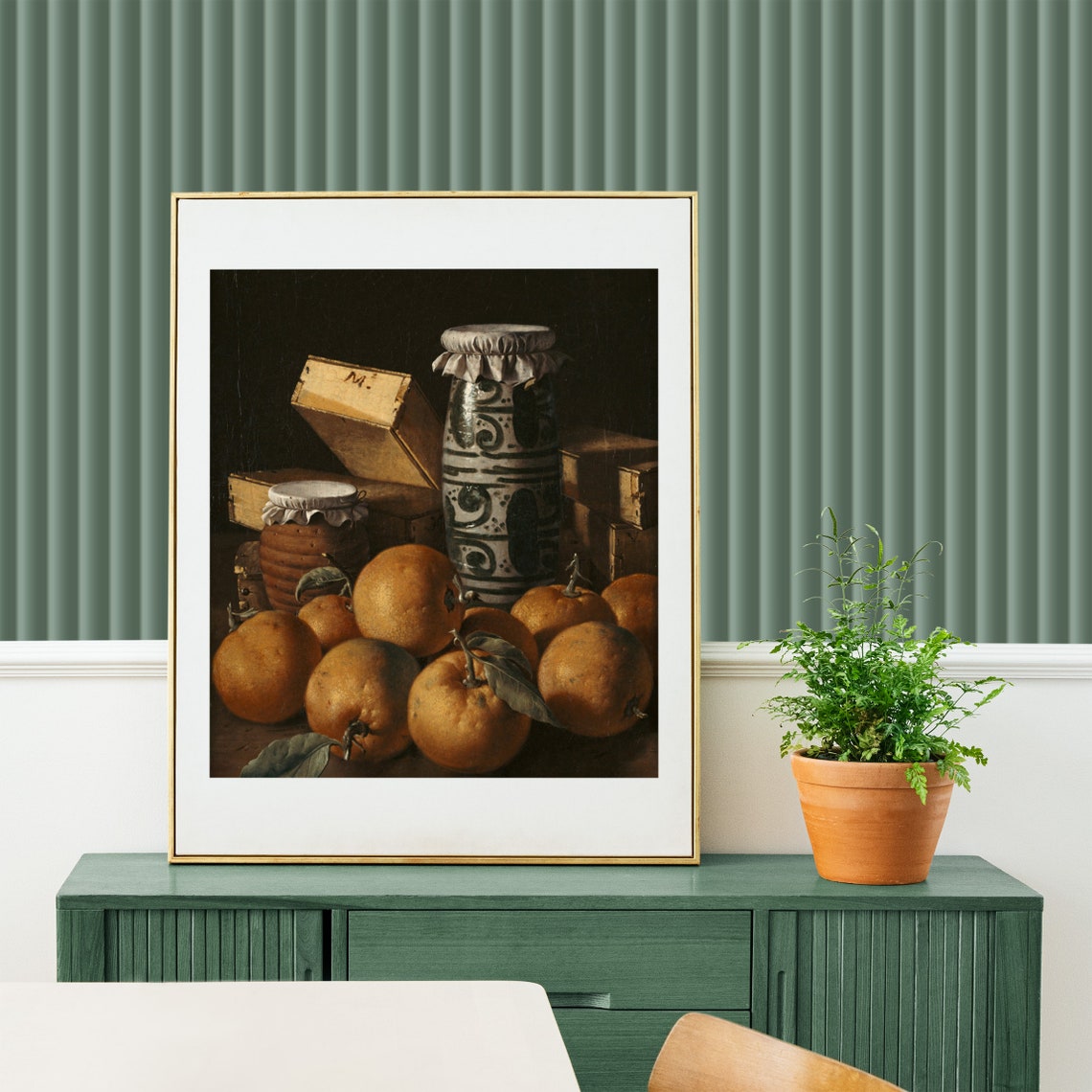 Moody Orange Still Life With Pottery Jars Vintage Fruit Poster - Image 2