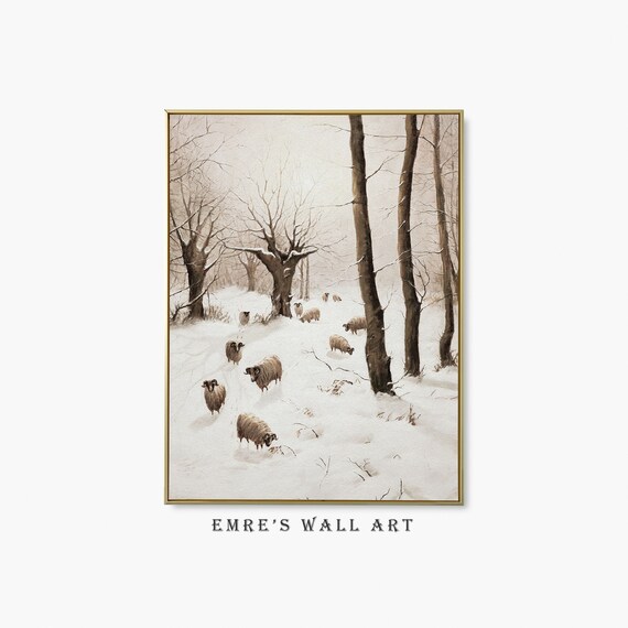 Sheep In Snowy Winter Forest Flock Grazing Vintage Painting Poster