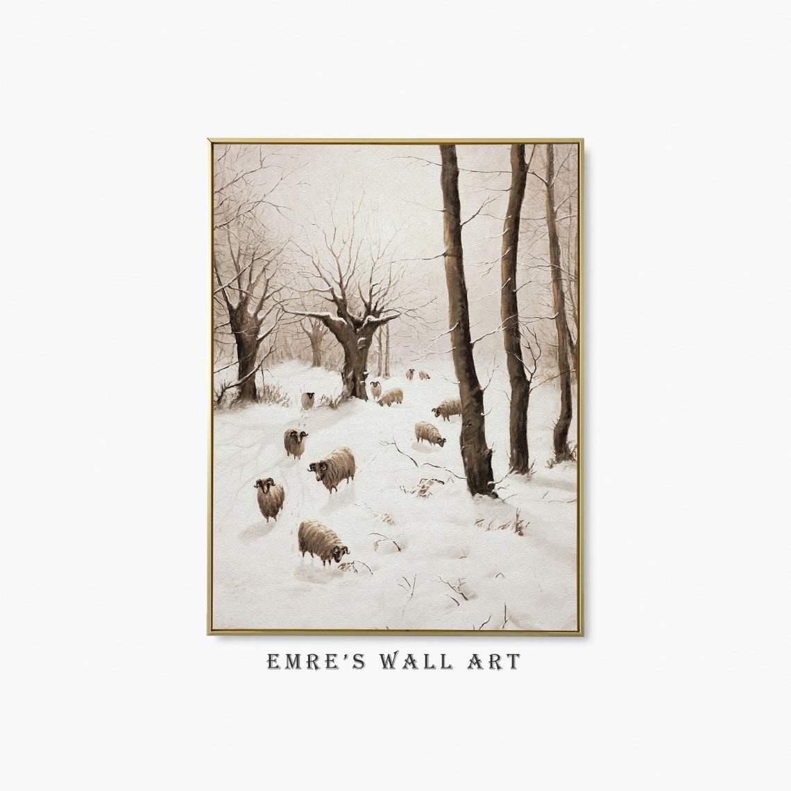 Sheep In Snowy Winter Forest Flock Grazing Vintage Painting Poster
