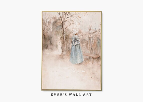 Watercolor Woman Blue Dress Misty Garden Portrait Art Poster