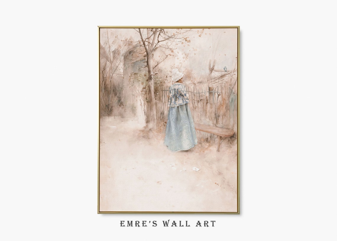 French Country Garden Vintage Painting Fall Landscape Print Soft Woman Print Vintage Neutral Woman Portrait Bathroom Neutral Wall Art