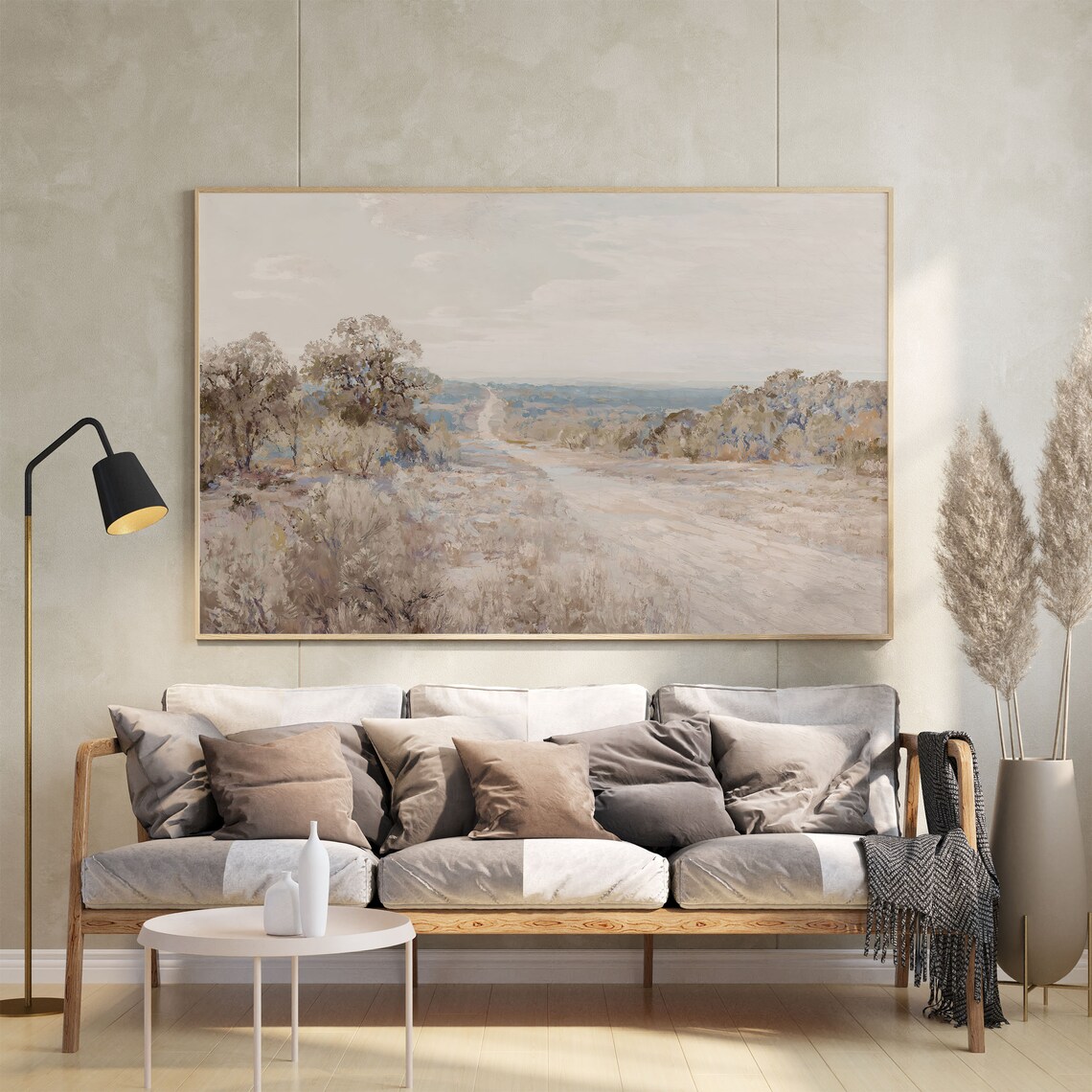 Muted Country Road Beige Landscape Soft Field Painting Poster - Image 2