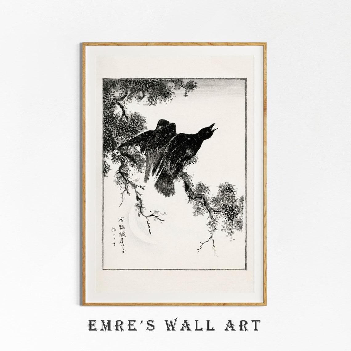 Black Crow on Moonlit Branch Japanese Ink Painting Bird Art Poster - Image 4