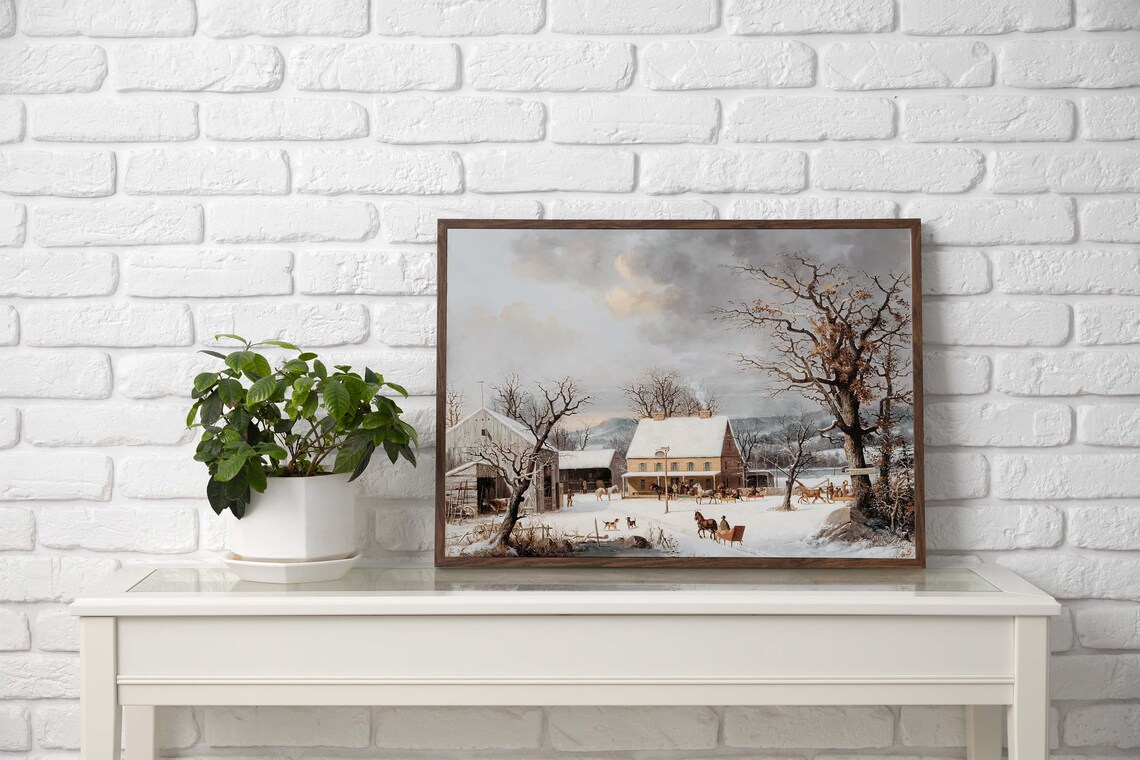 Winter Farmhouse Horses Sleigh Snow Vintage Country Scene Painting Poster - Image 2