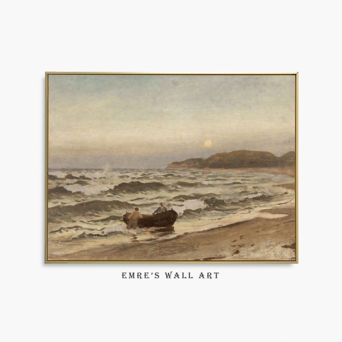 Fishermen Launching Boat Vintage Coastal Surf Sunset Scene Poster