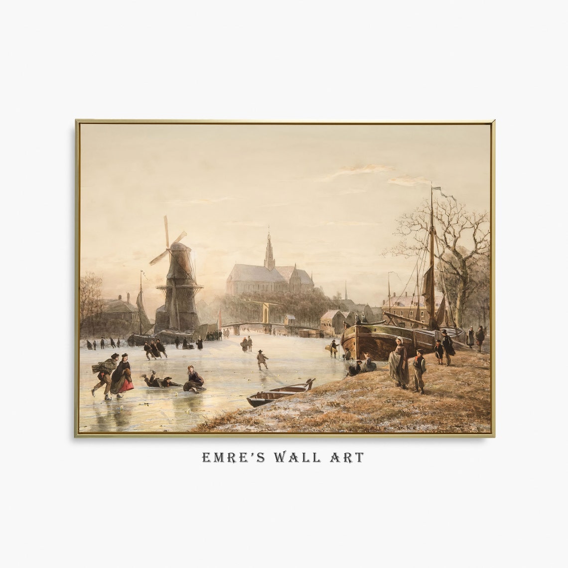 Dutch Winter Canal Skaters Vintage Windmill Ice Scene Poster
